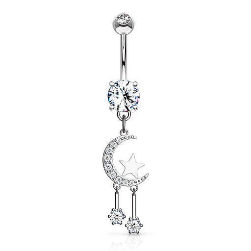 Dangling Moon and Star Belly Ring Silver
