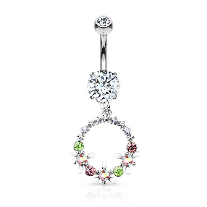 Crystal Flowers and Gems Set Circle Dangle Belly Button Ring - Silver