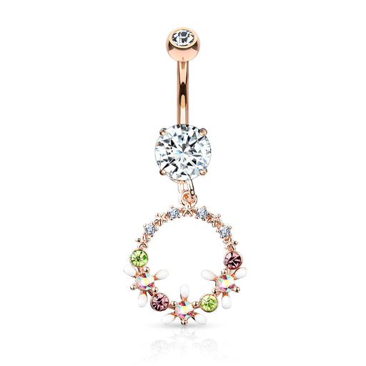Crystal Flowers and Gems Set Circle Dangle Belly Button Ring - Rose Gold