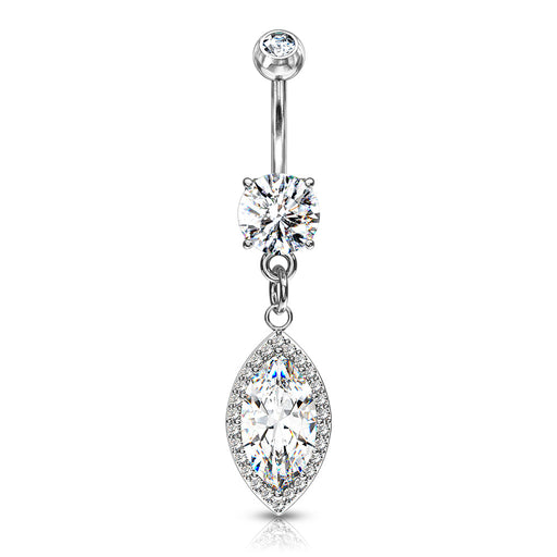Marquise CZ Dangle Almond Silver Prong Set Belly Ring