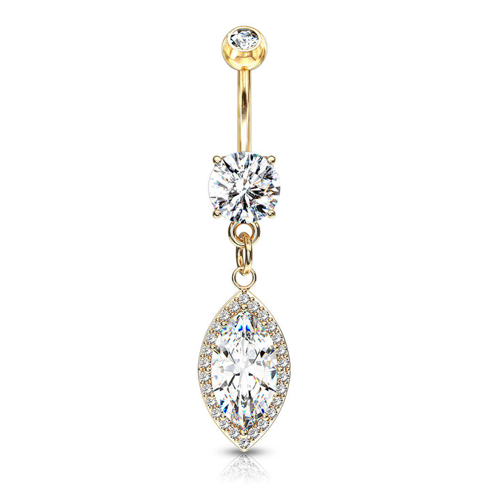 Marquise CZ Dangle Almond Gold Prong Set Belly Ring