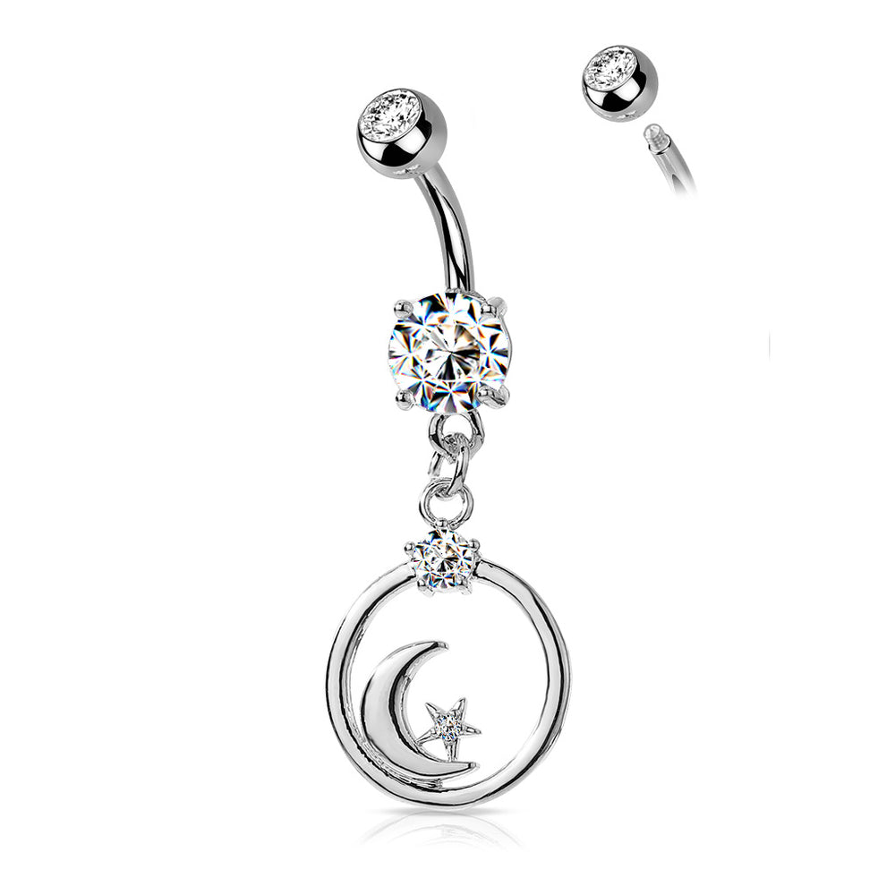 Silver Crescent Moon and CZ Star Dangle Belly Button Ring