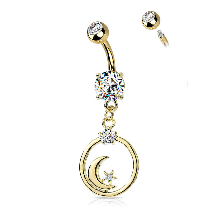 Gold Crescent Moon and CZ Star Dangle Belly Button Ring
