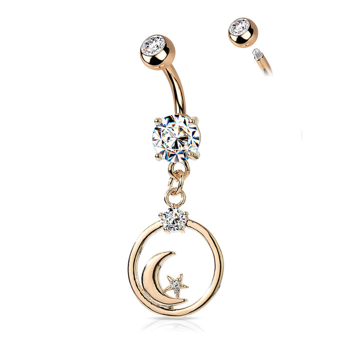 Rose Gold Crescent Moon and CZ Star Dangle Belly Button Ring