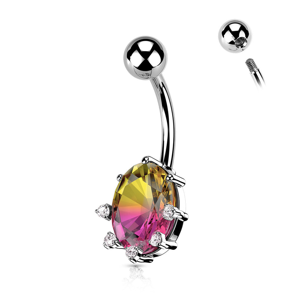 Rainbow Effect Prong Set Oval Crystal 316L Surgical Steel Belly Button Ring