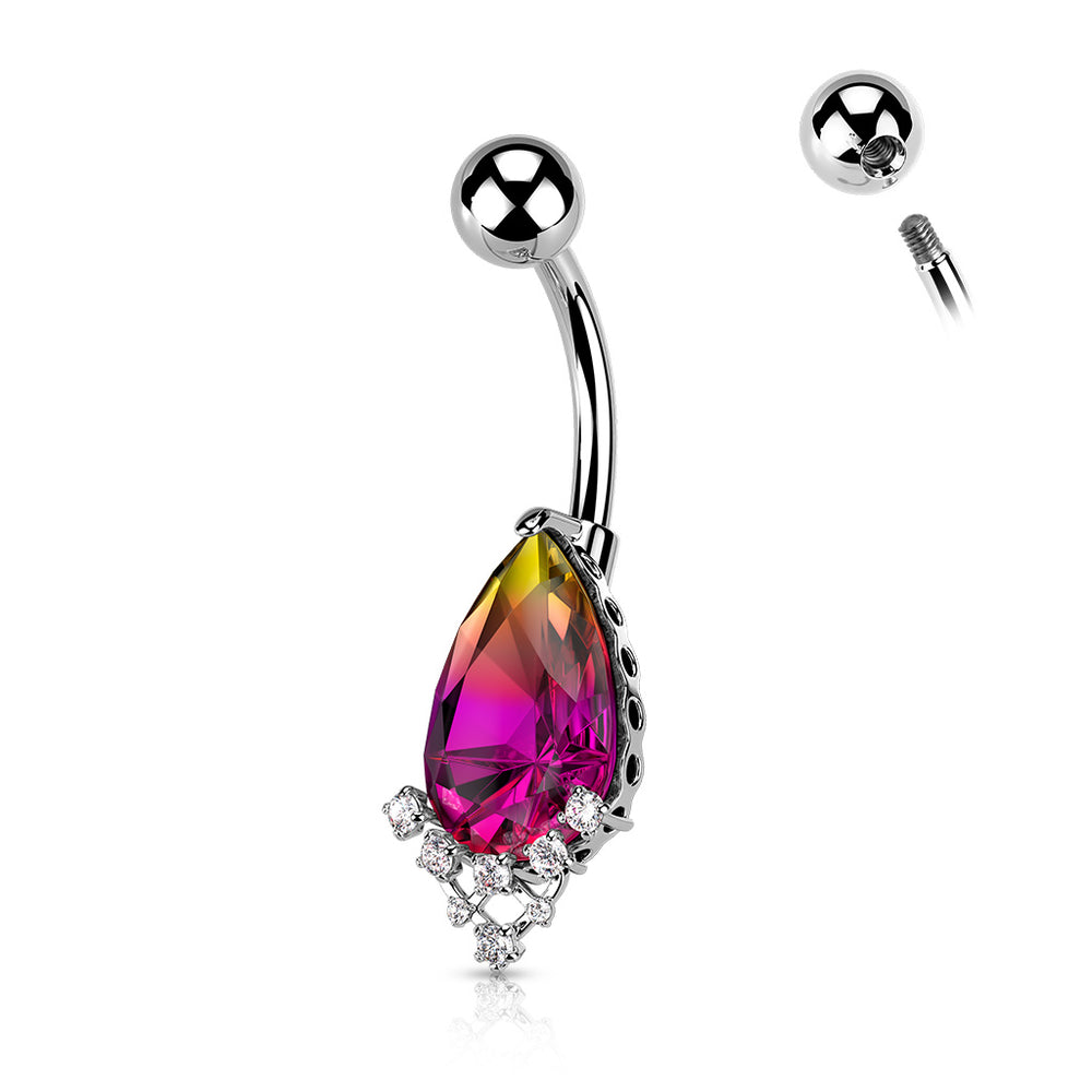 Rainbow Effect Pear Crystal with CZ Prong Set 316L Surgical Steel Belly Button Ring