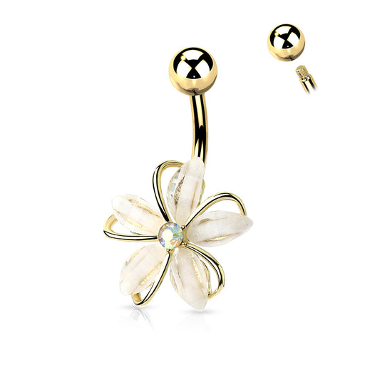Gold CZ White Flower Belly Button Ring