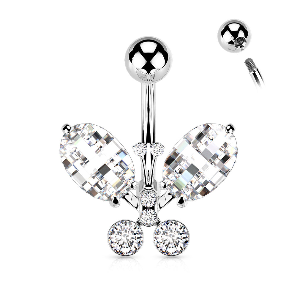 Clear Faceted Silver Crystal Butterfly Belly Button Ring
