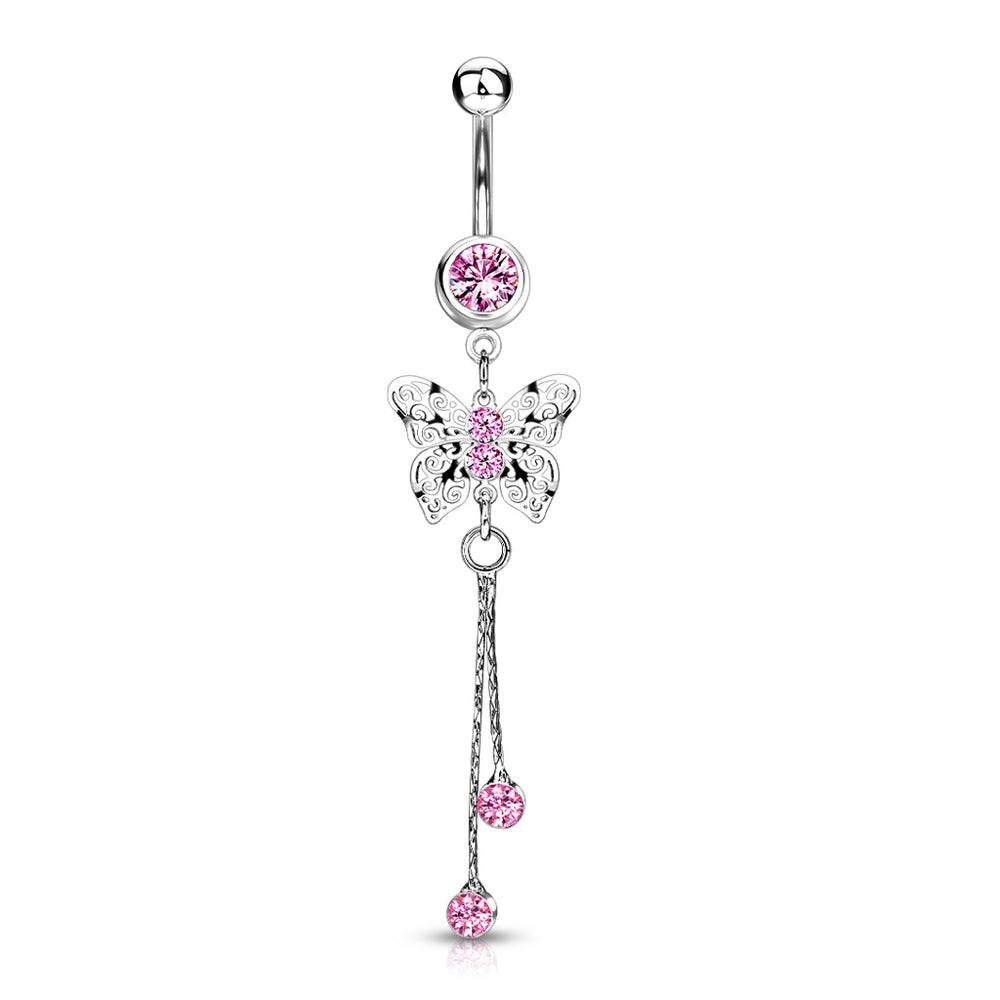 Pink Laser Cut Royal Butterfly with CZ Dangle Belly Button Ring