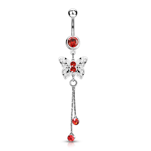 Red Laser Cut Royal Butterfly with CZ Dangle Belly Button Ring