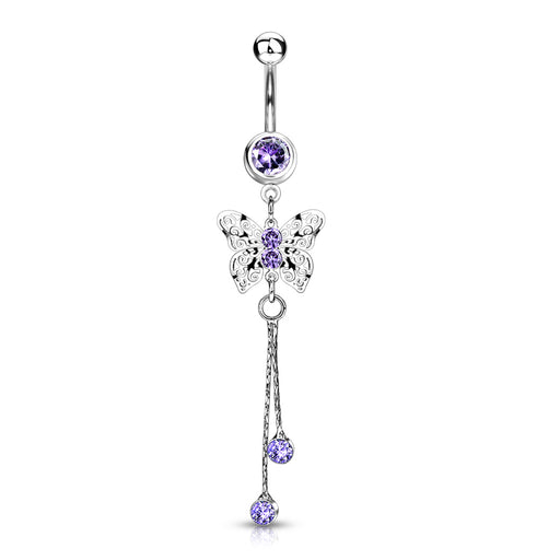 Purple Laser Cut Royal Butterfly with CZ Dangle Belly Button Ring