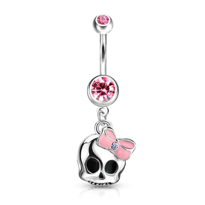 Skull with Pink Bow Gemstone Belly Ring