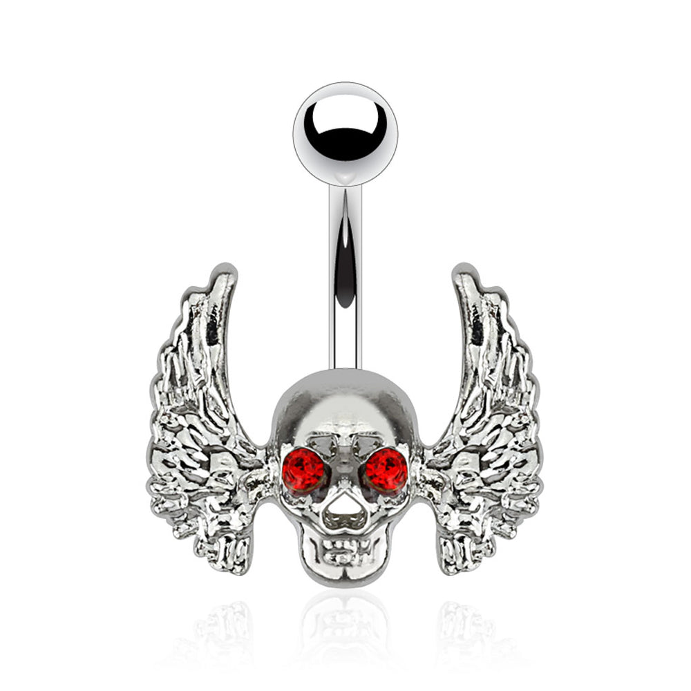 Skull with Red Gem Eyes and Angel Wings Belly Ring