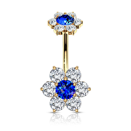 Double 7 CZ Internally Threaded Gold Blue Flower Belly Button Ring