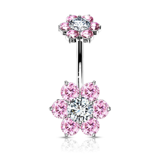 Double 7 CZ Internally Threaded Pink Flower Belly Button Ring