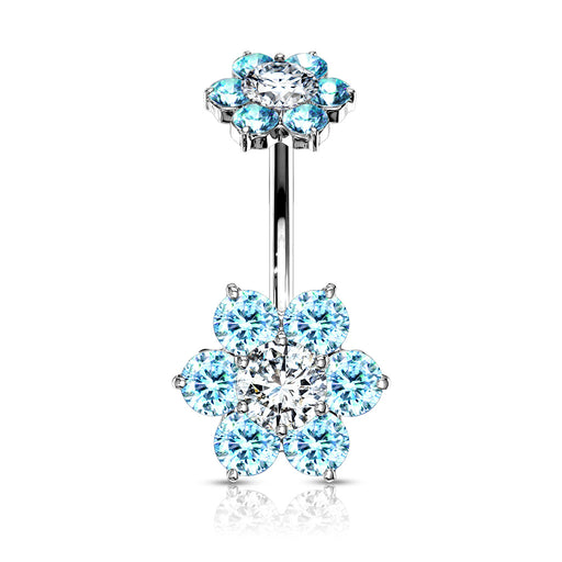 Double 7 CZ Internally Threaded Blue Flower Belly Button Ring