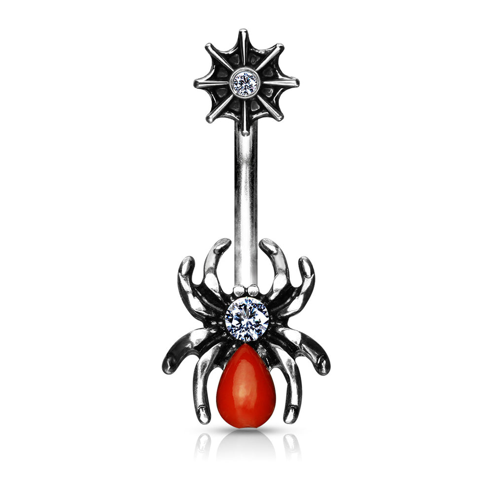 Red Spider and Web with CZ Belly Ring