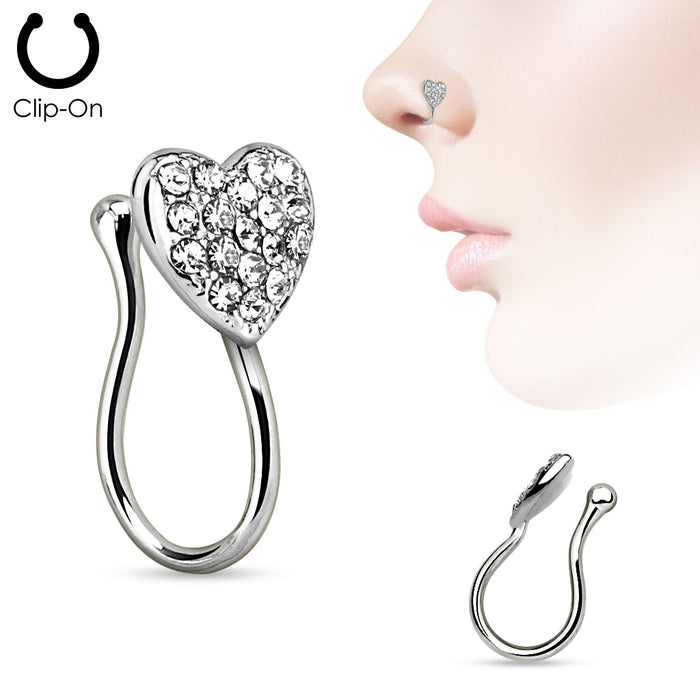 Silver Heart with Gems Fake Clip On Nose Ring