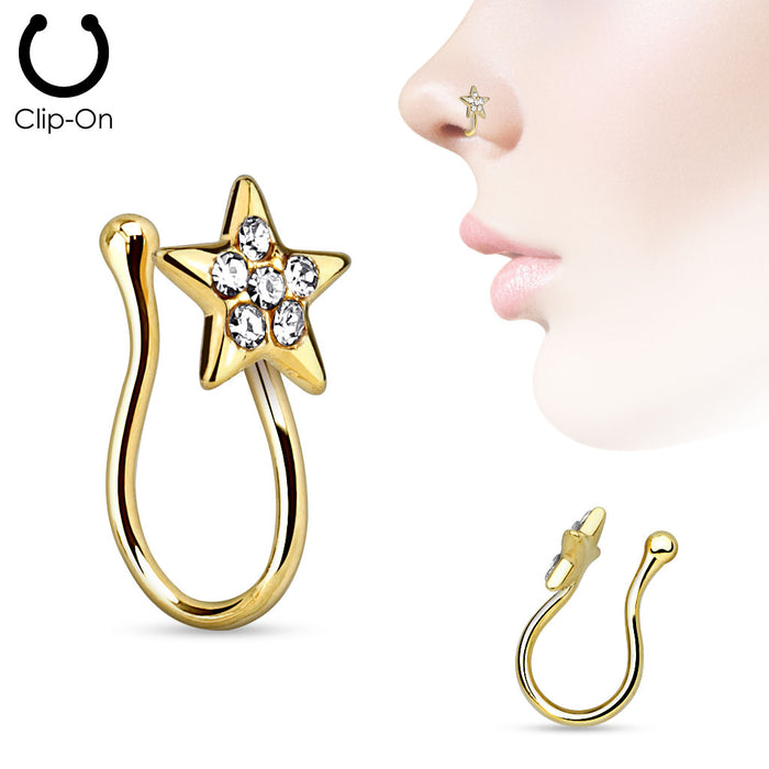 Gold Star with Gems Fake Clip On Nose Ring
