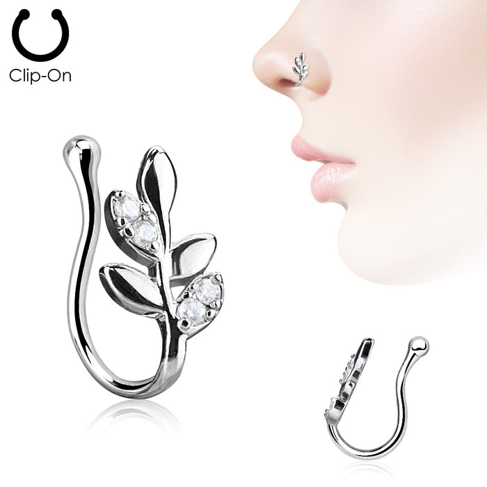 Olive Branch with CZ Paved Leaves Fake Clip On Nose Ring