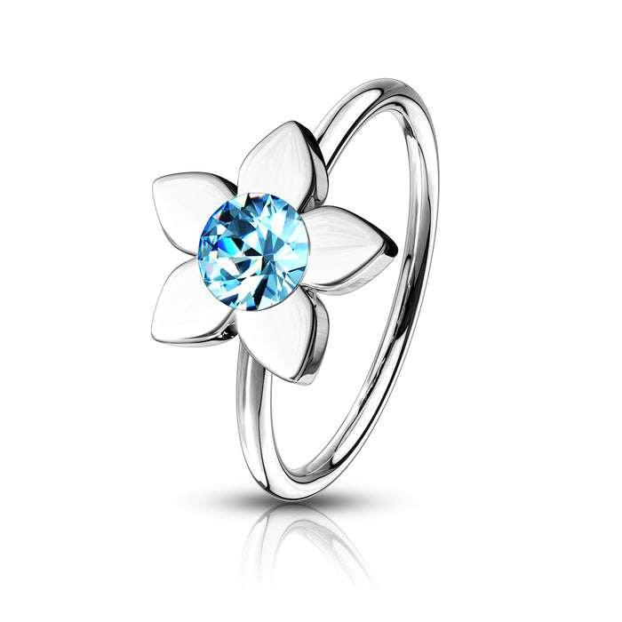 20 Gauge Surgical Steel Jeweled Flower Nose Hoop Ring - Blue