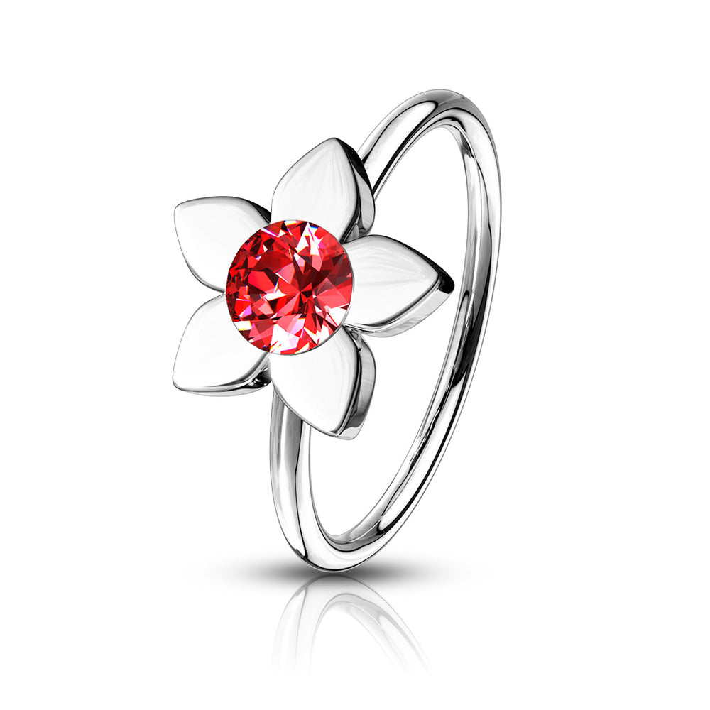 20 Gauge Surgical Steel Jeweled Flower Nose Hoop Ring - Red