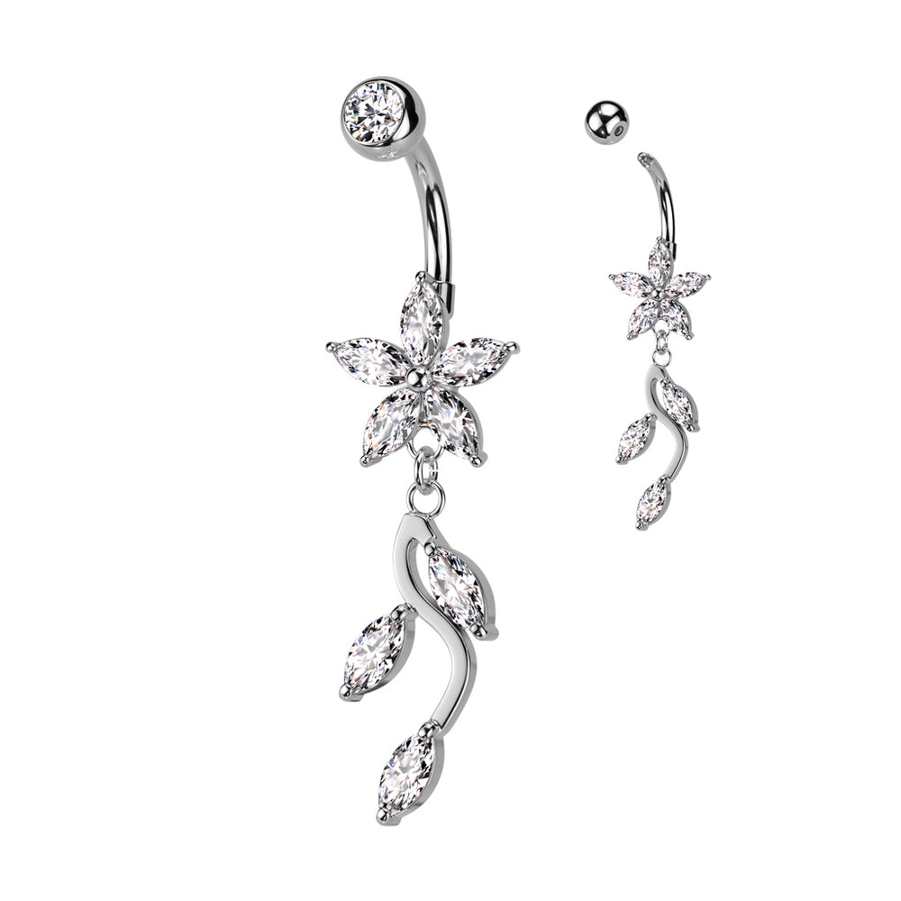 Silver 5 Marquise Flower With Vine Dangle Belly Button Ring