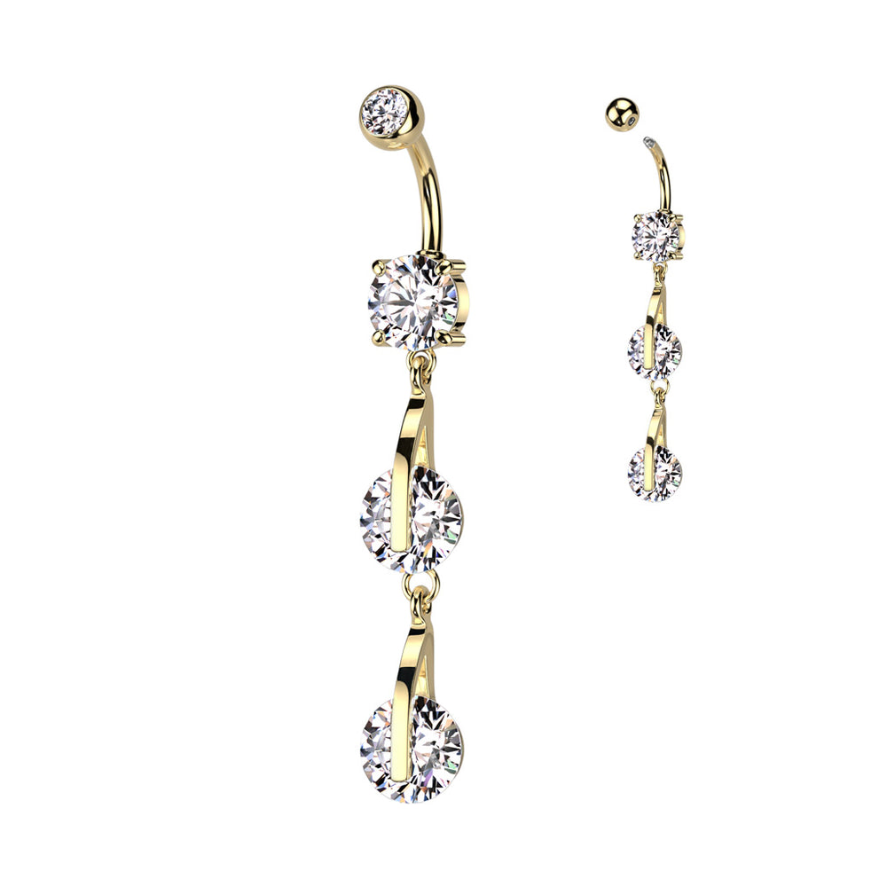 Double CZ Dangle Gold Surgical Steel Belly Ring