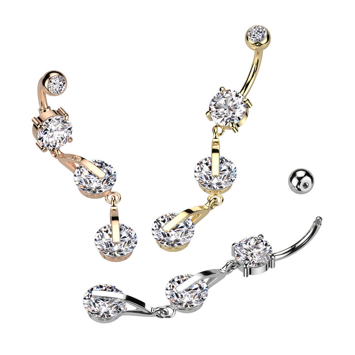 Double CZ Dangle Silver Surgical Steel Belly Ring