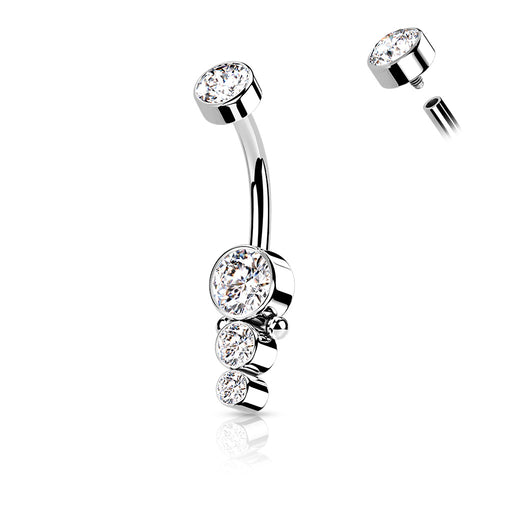 Triple CZ Round Cluster Silver Internally Threaded Belly Ring