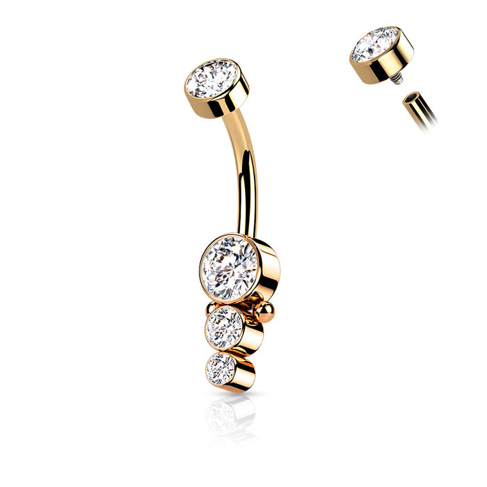 Triple CZ Round Cluster Rose Gold Internally Threaded Belly Ring