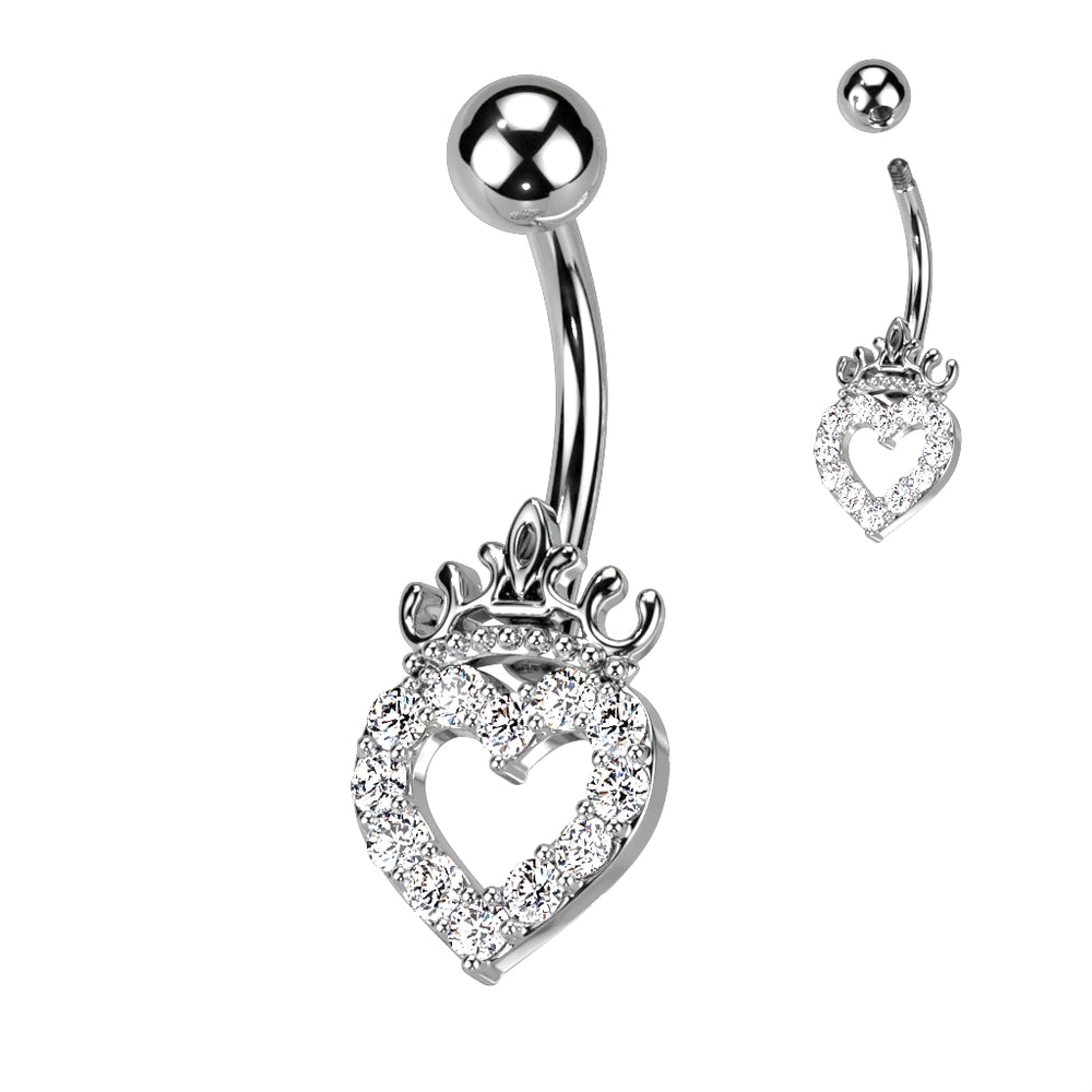 Clear CZ Heart and Crown Steel Belly Ring