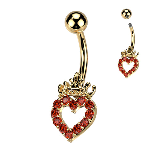 Gold with Red CZ Heart and Crown Steel Belly Ring