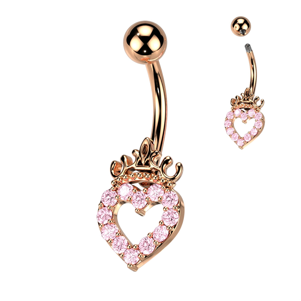 Rose Gold with Pink CZ Heart and Crown Steel Belly Ring