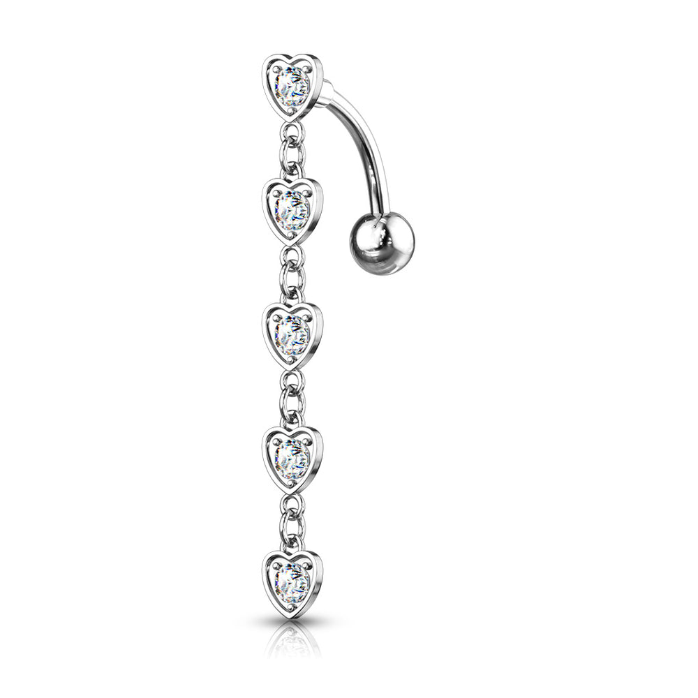 Silver 5 Crystal Hearts Dangle Top Drop Belly Button Ring