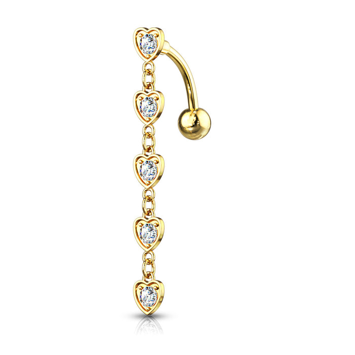 Gold 5 Crystal Hearts Dangle Top Drop Belly Button Ring