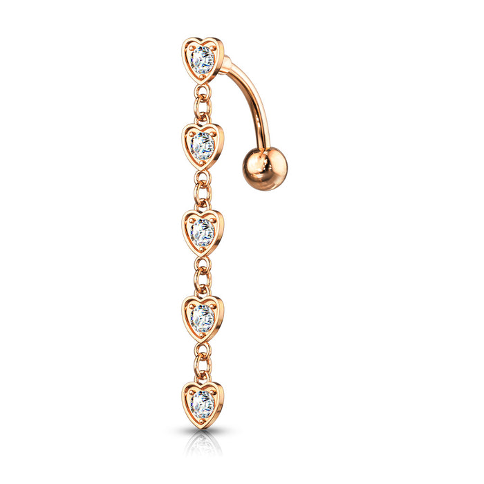 Rose Gold 5 Crystal Hearts Dangle Top Drop Belly Button Ring