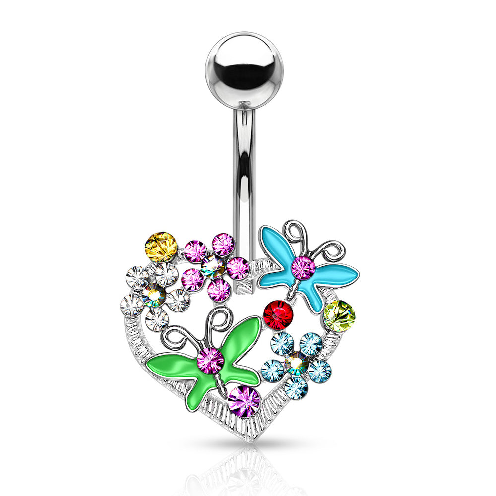Multi Color Crystal Butterflies and Flowers on Heart Belly Ring