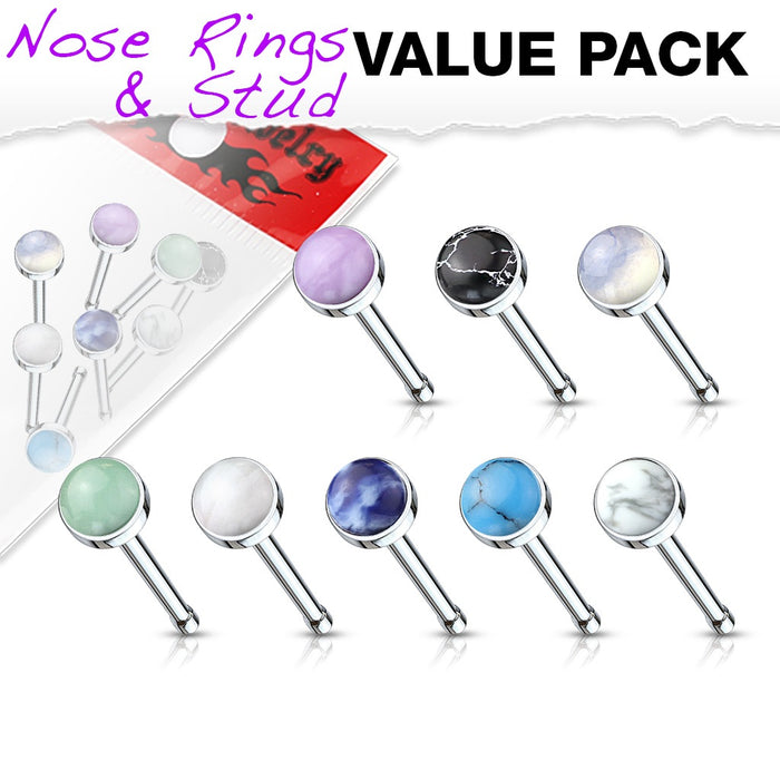 8 Pack Semi Precious Stone Nose Rings