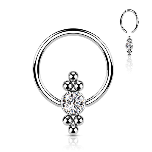Silver CZ Flat Ball with Clusters Captive Bead Ring
