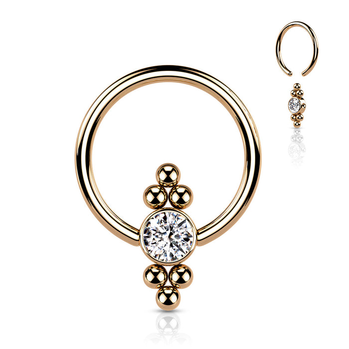 Rose Gold CZ Flat Ball with Clusters Captive Bead Ring