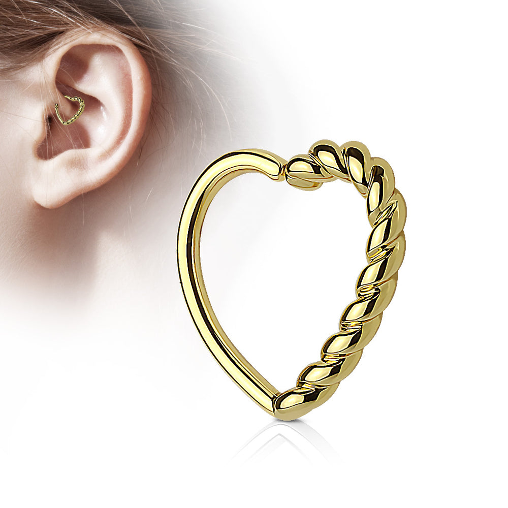 Gold Half Braided Heart 16 Gauge Ear Cartilage/Daith Hoop Rings