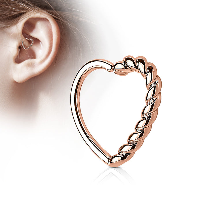Rose Gold Half Braided Heart 16 Gauge Ear Cartilage/Daith Hoop Rings