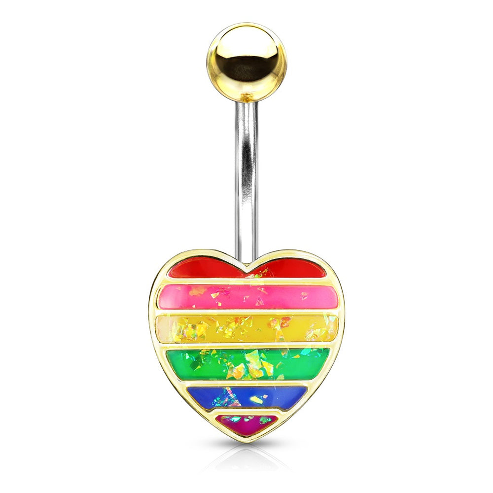 Rainbow Opal Glitter Filled Heart Belly Ring Golden