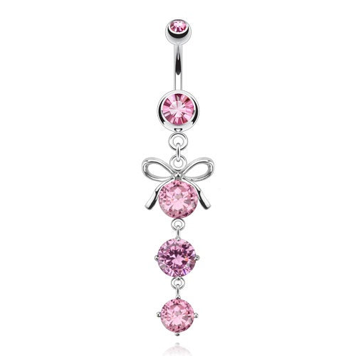 Pink Triple Gem Bow Belly Ring