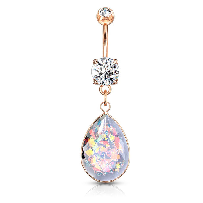 Rainbow Glitter Opalite Stone Belly Ring Rose Gold