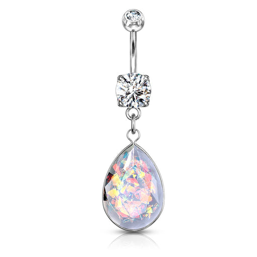 Rainbow Glitter Opalite Stone Belly Ring Silver