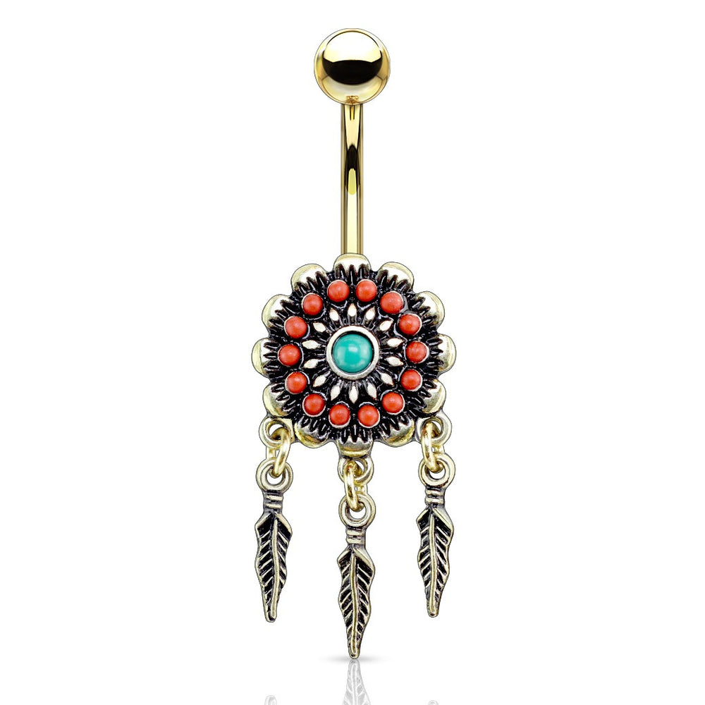 Golden Tribal Flower with Feathers Belly Ring