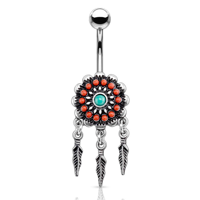 Tribal Flower with Feathers Belly Ring
