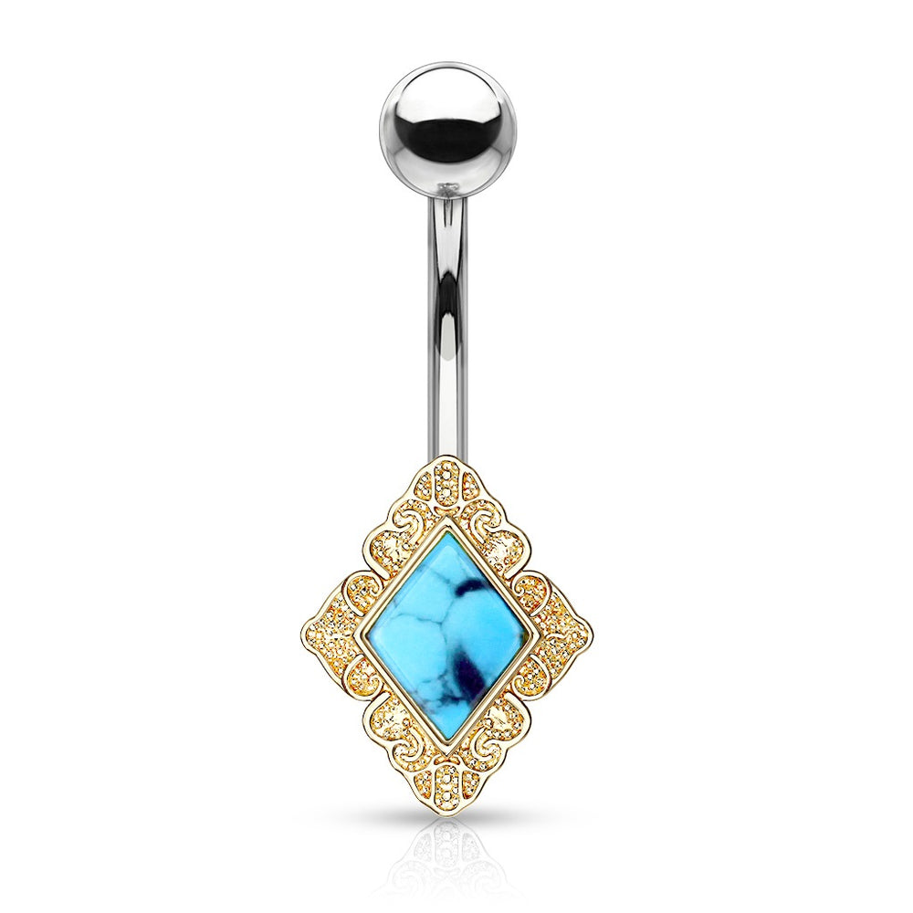 Diamond Shaped Turquoise Center Belly Ring - Golden